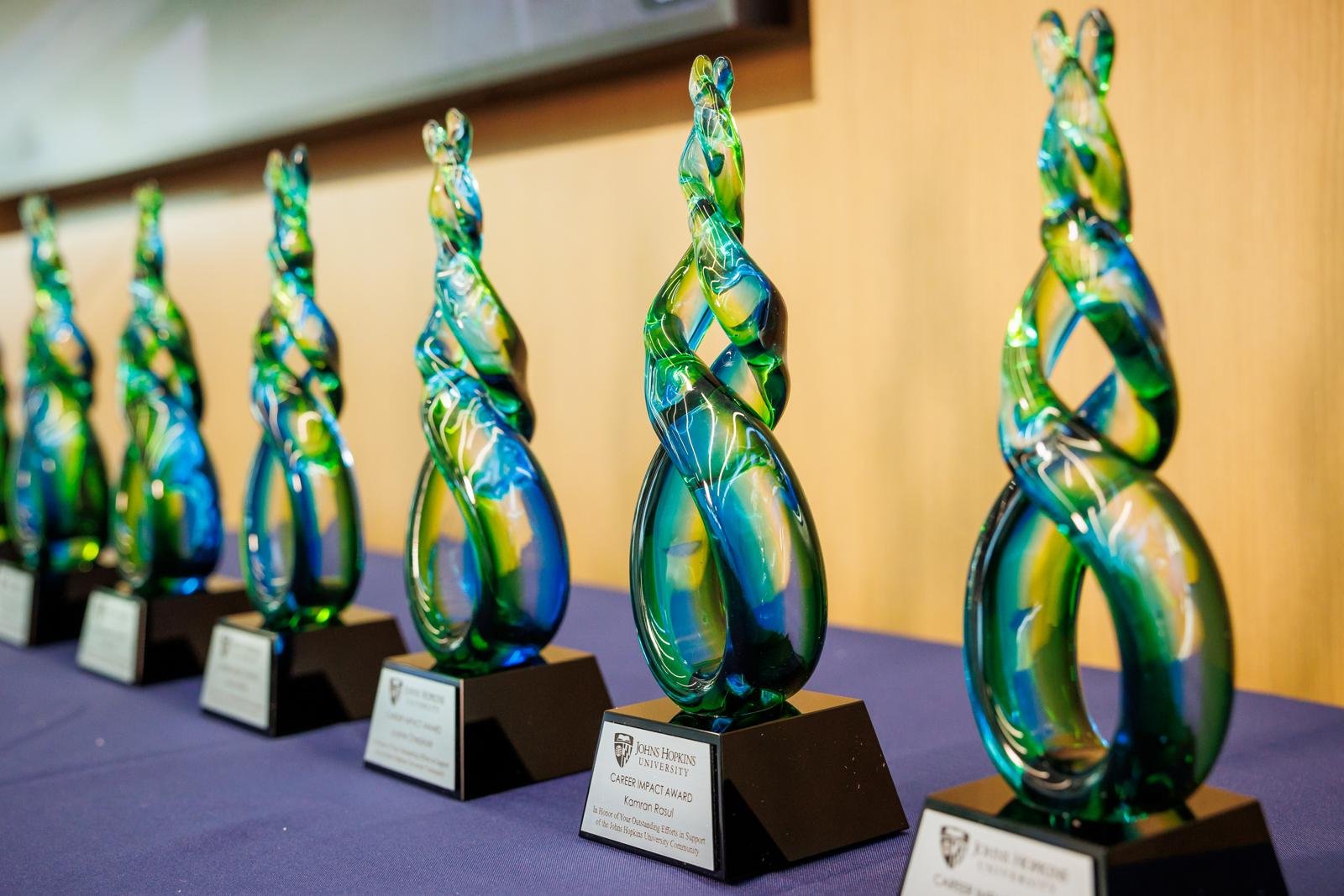 Recognition trophies on display